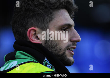 Reggio Emilia, Italie. 8 janvier, 2017. U.S. Sassuolo Calcio vs Football Club Torino serie un championnat de football 2016 2017 U.S. Sassuolo Calcio vs Torino Football Club Stade Mapei Reggio Emilia.US Sassuolo et Torino F.C. terminé le match avec un score de 0 à 0. Dans le pic : Domenico Berardi Sassuolo's de l'avant et de l'équipe nationale et de l'Italie au cours de la série d'un match de football entre l'US Sassuolo Calcio et C.F. Stade Mapei à Turin à Reggio Emilia ph Massimo Morelli © Massimo Morelli/Pacific Press/Alamy Live News Banque D'Images