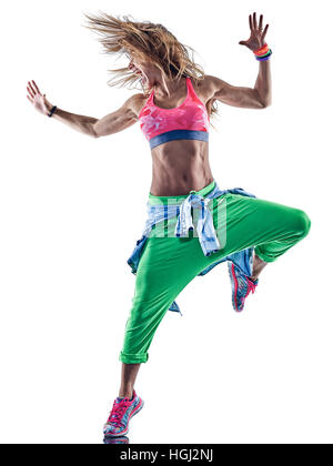 Une femme caucasienne danseurs zumba fitness danse exercice exercices en studio isolé sur fond blanc Banque D'Images