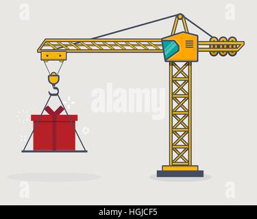 Bâtiment de style sur l'icône de la ligne de levage de la grue présente cadeaux fort. Illustration de Vecteur