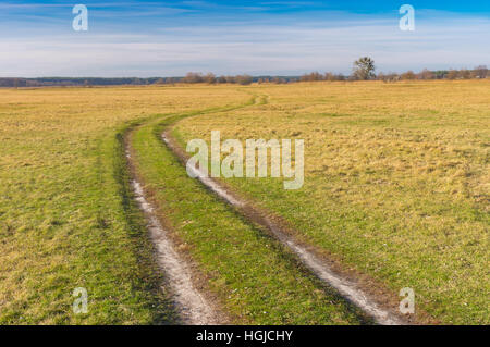 Paysage d'automne avec une route de terre dans de l'eau pré en zone rurale près de Mala Rublivka village de Poltavskaya oblast, Ukraine Banque D'Images