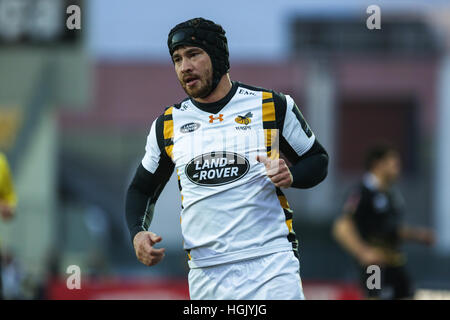 Parme, Italie. 22 janvier, 2017. London Wasps' fly moitié Danny Cipriani marque un essai lors du match contre le Zèbre en Coupe des Champions rugby INCIDENT ENREGISTRÉES © Massimiliano Carnabuci/Alamy news Banque D'Images