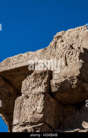 Un oiseau est perché sur une partie du mur du Temple d'Edfou, dédié au dieu Horus, le long du Nil en Egypte Banque D'Images