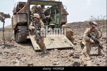 Les marines américains DANS LA FORMATION. Le Cpl. Daniel Mallory, chef de peloton avec le 1er Bataillon, la Compagnie Alpha, l'équipe d'atterrissage 1er Bataillon, 9e Régiment de Marines, 24e Marine Expeditionary Unit, fixe l'arrière d'un véhicule d'assaut amphibie (AAV) exemple Lance Cpl. Daniel Pursley, chef de l'équipe, mène son équipe vers l'objectif point durant une attaque mécanisée dans le cadre d'un champ de tir réel à Djibouti, en Afrique 29 mars 2010. Photo : US Marines Banque D'Images