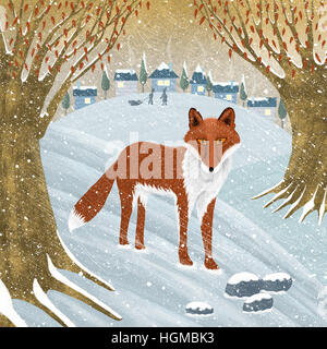 Une illustration d'un renard dans un paysage de neige avec des enfants au loin. Banque D'Images