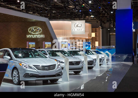 Detroit, Michigan, USA - 10 janvier 2017 - L'affichage de Hyundai à la North American International Auto Show. Crédit : Jim West/Alamy Live News Banque D'Images