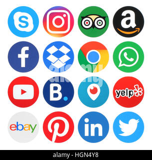 Kiev, Ukraine - 31 mai 2016 : Collection de cercle populaires logos imprimés sur du papier:Facebook, Twitter, Instagram, Amazon, LinkedIn, Pinterest, Whatsapp, Banque D'Images