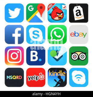Kiev, Ukraine - 31 mai 2016 : Collection d'icônes populaires imprimés sur du papier:Facebook, Twitter, Instagram, Amazon, Skype, Yelp, Whatsapp, Ebay et d'autres Banque D'Images