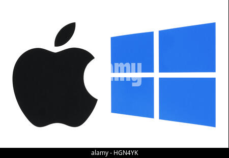 Kiev, Ukraine - 03 juin 2016 : système d'exploitation populaires logos imprimés sur du papier : Apple ios et Windows Banque D'Images
