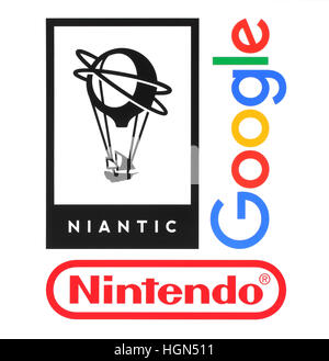 Kiev, Ukraine - le 23 août 2016 : Collection d'entreprises populaires logos imprimés sur du papier : Niantic, Nintendo et Google, qui fait jeu populaire et app Banque D'Images