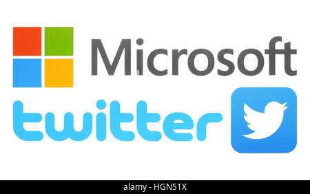 Kiev, Ukraine - le 26 septembre 2016 : Collection de logos populaires imprimés sur du papier : Twitter et Microsoft Banque D'Images