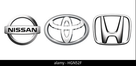 Kiev, Ukraine - le 10 octobre 2016 : Collection de voiture japonaise populaire logos, imprimés sur papier blanc : Nissan, Toyota, Honda Banque D'Images