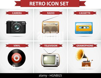 Icon Set Retro avec différents objets illustration Illustration de Vecteur