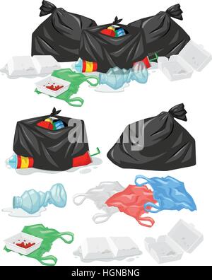 De nombreuses piles de corbeille avec des sacs en plastique et des bouteilles illustration Illustration de Vecteur