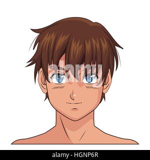 Portrait visage manga anime boy bleu cheveux bruns yeux Illustration de Vecteur