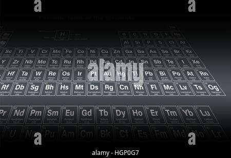 Tableau périodique des éléments y compris, Nihonium Tennessine Oganesson et Moscovium, sur la vue en perspective Banque D'Images