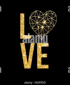 Happy valentines day love carte postale avec des bas blancs en forme de coeur style poly golden glitter. Vector illustration Illustration de Vecteur