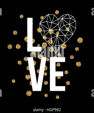 Happy valentines day love carte postale avec des bas blancs en forme de coeur style poly golden glitter. Vector illustration Illustration de Vecteur