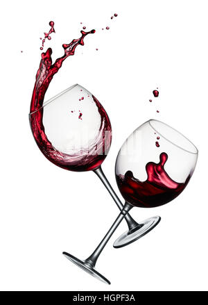 Deux verres de vin rouge éclaboussant isolated on white Banque D'Images
