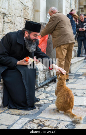 Pilgrim et cat en face de l'église Saint Sépulcre, Jérusalem, Israël. Banque D'Images