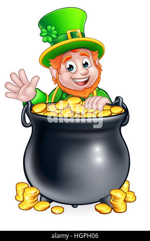 Un dessin de lutin St Patricks Day peeking caractère sur un pot d'or et forme Banque D'Images