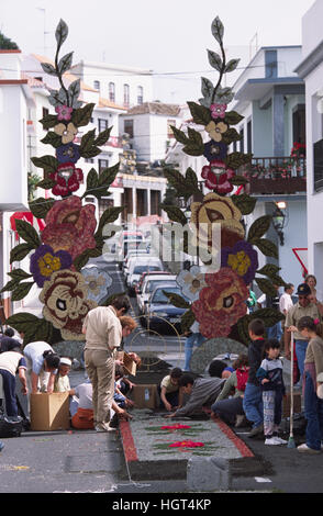 Production d'un tapis de fleurs pour Corpus Christi, Mazo, La Palma, Canary Islands, Spain Banque D'Images