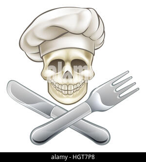 Cook cartoon pirate tête de mort avec couteau et fourchette et chef hat Banque D'Images