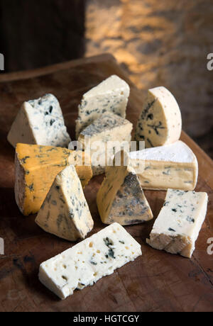 Une sélection de fromages bleus anglais et continental organisé sur une planche à découper Banque D'Images