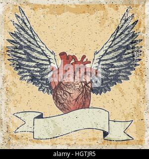 Vector illustration croquis dessinés à la main - creative vintage tee shirt apparel imprimer poster design, battant coeur humain avec des bannières et des ailes, grunge paper fond jaune. Illustration de Vecteur