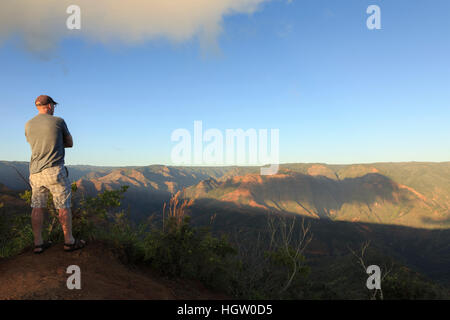 L'homme à la recherche sur le Canyon de Waimea, Kauai, Hawaii Banque D'Images