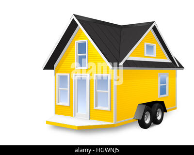 Rendu 3D Illustration d'une petite maison sur une remorque. House est isolé sur un fond blanc. Banque D'Images