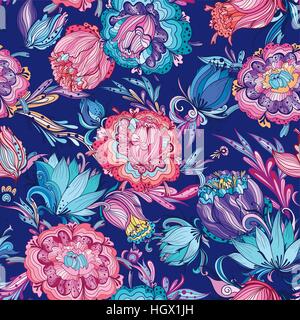 Seamless texture magique avec lotus et pivoines sur fond indigo pour le papier et design textile Illustration de Vecteur