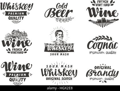 Menu, boissons alcoolisées. Les étiquettes de vecteur du vin, de la bière, le whisky, le brandy, le cognac Illustration de Vecteur