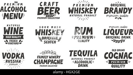 Menu, boissons alcoolisées. Étiquettes vecteur vin, bière, whisky, brandy, rhum, liqueur, vodka, tequila, cognac, champagne Illustration de Vecteur