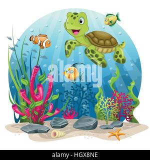 La tortue et de poissons dans la mer Illustration de Vecteur