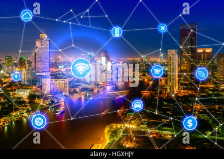 Des ville et réseau de communication sans fil, du quartier des affaires avec office building, résumé visuel de l'image, internet des objets concept Banque D'Images