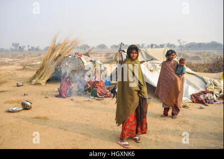 Famille nomade & logements, désert de Thar, Rajasthan, Inde Banque D'Images