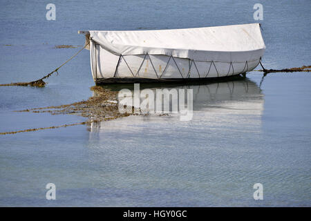 Couverts blanc petit bateau sur la mer dans la Bretagne en France Banque D'Images
