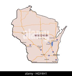 Carte détaillée de l'État du Wisconsin de couleur avec les grandes routes et des grandes villes Illustration de Vecteur