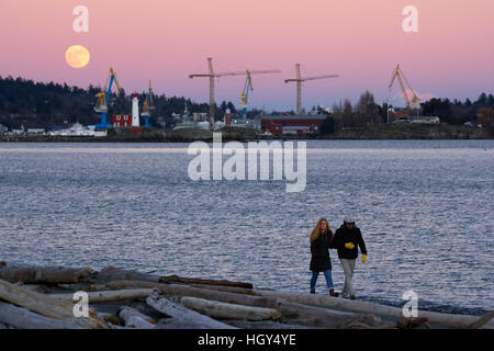 Jeune couple se promener le long de l'Esquimalt Lagoon beach avec lever de lune derrière le phare de Fisgard, Victoria, Colombie-Britannique, Canada. Banque D'Images