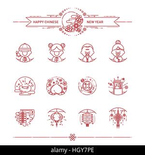 Vector Illustration of Happy Chinese New Year Icons Set. Style linéaire moderne. Illustration de Vecteur