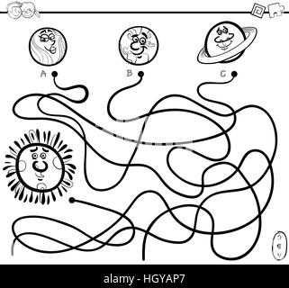Illustration Cartoon noir et blanc des chemins ou activité Puzzle Labyrinthe jeu avec les orbes et caractères Planète Coloriage Illustration de Vecteur