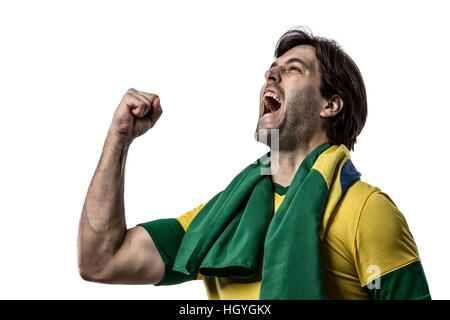 Joueur de football brésilien, célébrer sur un fond blanc. Banque D'Images