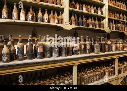 Exposition avec couvertes de poussière de vieilles bouteilles de sherry, Bodega, Gonzalez Byass Jerez de la Frontera, province de Cadiz, Andalousie Banque D'Images