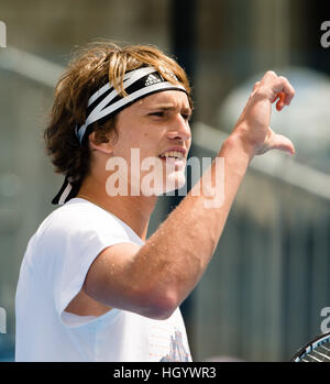 MELBOURNE, AUSTRALIE - 14 janvier 2017 : Alexander Zverev d'Allemagne pendant une session de formation avant le début de l'Open d'Australie 2017 à Melbourne Park, Melbourne, Australie. Crédit : Frank Molter/Alamy Live News Banque D'Images