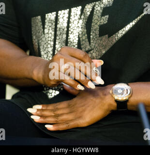 MELBOURNE, AUSTRALIE - 14 janvier 2017 : Serena Williams de l'USA prend la parole lors d'une conférence de presse avant le début de l'Open d'Australie 2017 à Melbourne Park, Melbourne, Australie. Crédit : Frank Molter/Alamy Live News Banque D'Images