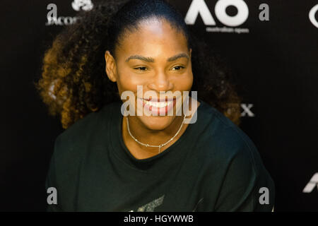 MELBOURNE, AUSTRALIE - 14 janvier 2017 : Serena Williams de l'USA prend la parole lors d'une conférence de presse avant le début de l'Open d'Australie 2017 à Melbourne Park, Melbourne, Australie. Crédit : Frank Molter/Alamy Live News Banque D'Images