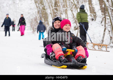 Goettingen, Allemagne. 15 Jan, 2017. Les frères Henry (l) et de l'Ida au bas d'une colline de traîneau dans le secteur Kehr à Goettingen, Allemagne, 15 janvier 2017. Photo : Swen Pförtner/dpa/Alamy Live News Banque D'Images