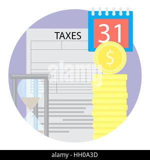 L'icône d'imposition à plat. Formulaire d'impôt et de l'argent pièce de monnaie d'Hourglass. Vector illustration Banque D'Images