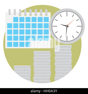 Le temps est argent. Pile de pièces et de l'horloge avec calendrier. Vector illustration Banque D'Images