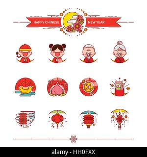 Vector Illustration of Happy Chinese New Year Icons Set. Style linéaire moderne. Illustration de Vecteur